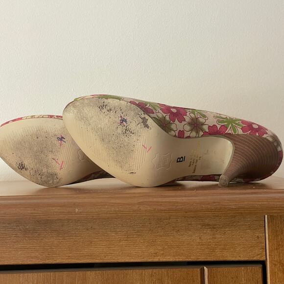 Bakers Floral Heels Womens Size 7 Multicolor Peep Toe Pink Green Shoes - Picture 6 of 6